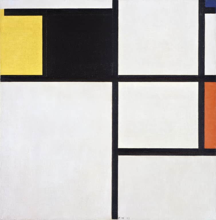 Piet Mondrian Tableau mit Gelb, Schwarz, Blau, Rot und Grau Kunstkopie, weißes Raster mit gelbem und schwarzem Farbfeld