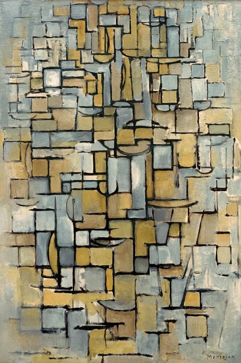 Piet Mondrian Tableau Nr. 1, Komposition in Linie und Farbe Kunstkopie, ocker und graue Felder in einem Liniengefüge