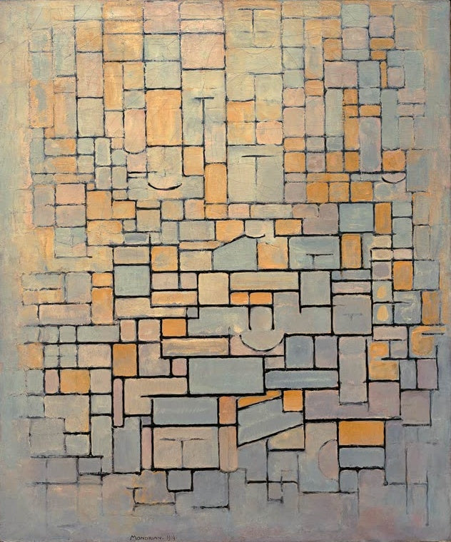 Piet Mondrian Tableau Nr. 1, Komposition Nr. 1 Kunstkopie, Mosaik aus rechteckigen Feldern in Grau und Orange