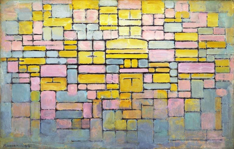 Piet Mondrian Tableau Nr. 2 Kunstkopie, Gefüge aus gelben, rosa und blaugrauen Rechtecken mit dunklen Linien