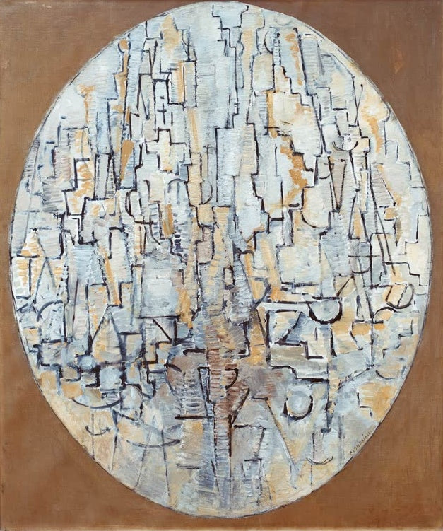 Piet Mondrian Komposition im Oval Kunstkopie, fein verzahntes Liniengeflecht in Blaugrau und Ocker auf braunem Grund