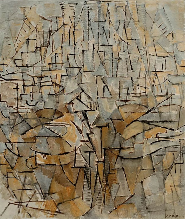Piet Mondrian Tableau Nr. 4, Komposition Nr. VIII Kunstkopie, dichtes Liniengefüge in Ocker- und Grautönen