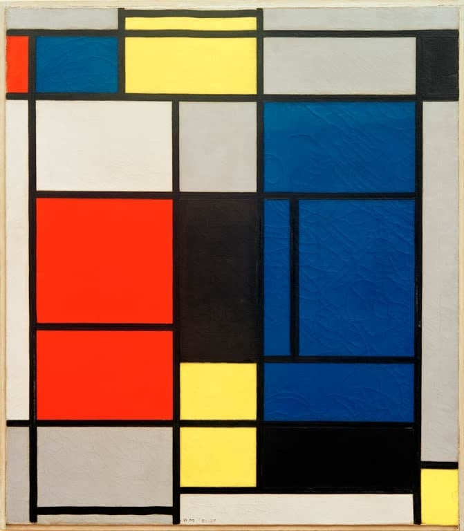 Piet Mondrian Tableau Nr. I Kunstkopie, große rote und blaue Farbfelder mit schwarzen Flächen und gelben Akzenten im Raster