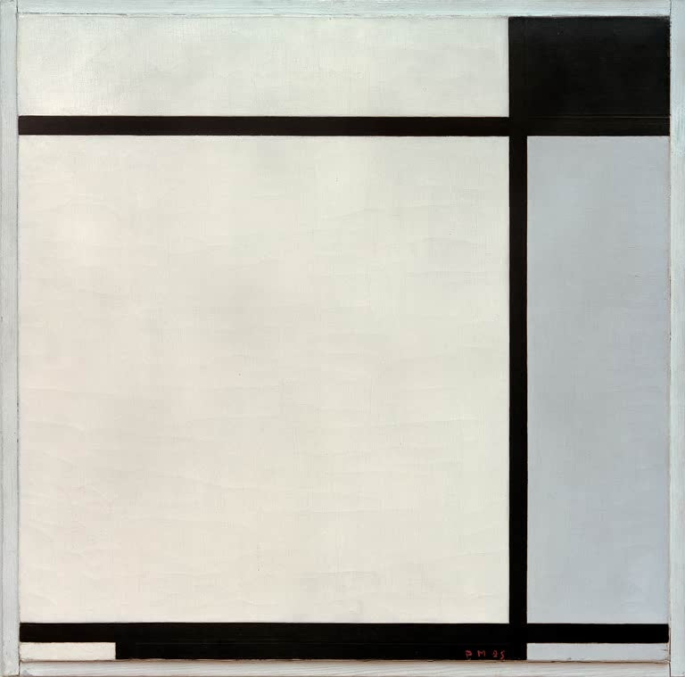 Piet Mondrian Tableau Nr. II mit Schwarz und Grau Kunstkopie, helle Flächen, graues Feld rechts und schwarze Linien