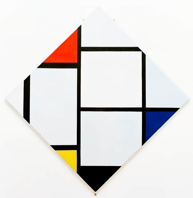 Piet Mondrian Tableau Nr. IV Kunstkopie, Raute aus hellen Feldern mit rotem, gelbem, blauem und schwarzem Dreieck