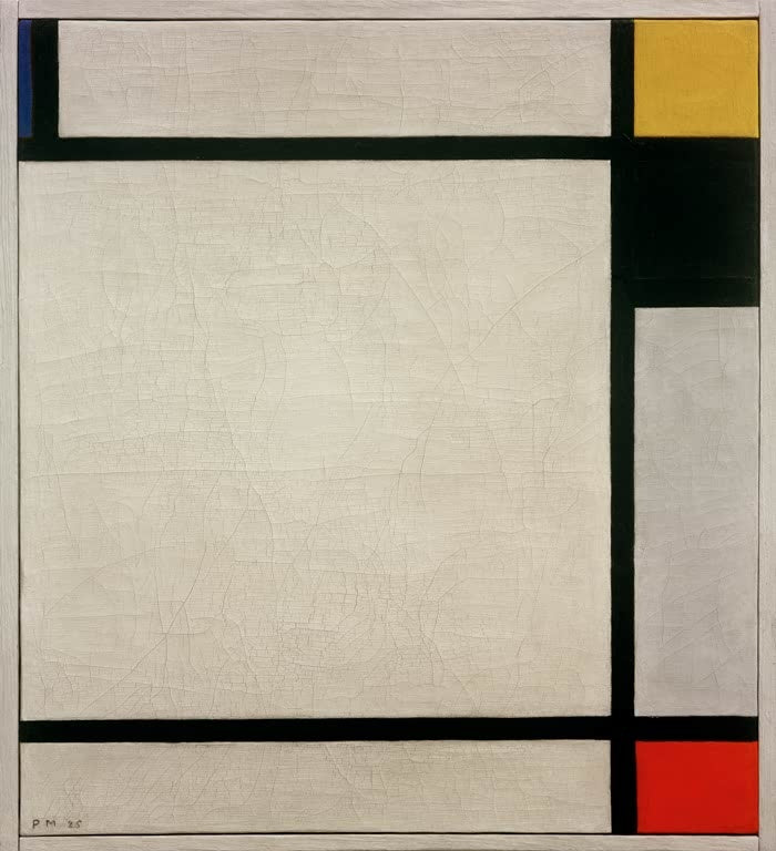 Piet Mondrian Tableau Nr. VII Kunstkopie, helle Fläche mit schwarzen Linien und kleinen Feldern in Gelb, Rot und Blau