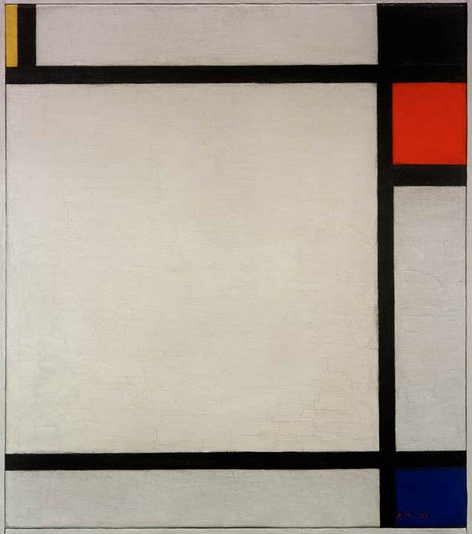 Piet Mondrian Tableau Nr. X Kunstkopie, große helle Fläche mit schwarzen Linien, rotem Feld rechts und blauem Feld unten