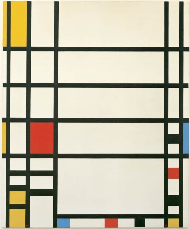 Piet Mondrian Trafalgar Square Kunstkopie, dichtes schwarzes Liniengitter mit gelben, roten und blauen Farbfeldern