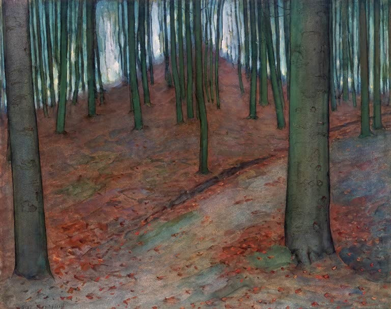 Piet Mondrian Wald Kunstkopie, schlanke grüne Baumstämme über einem laubroten Waldboden im gedämpften Licht