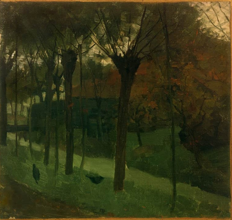 Piet Mondrian Weidenbäume am Gein Kunstkopie, knorrige Kopfweiden über einer grünen Wiese mit rötlichem Herbstlaub