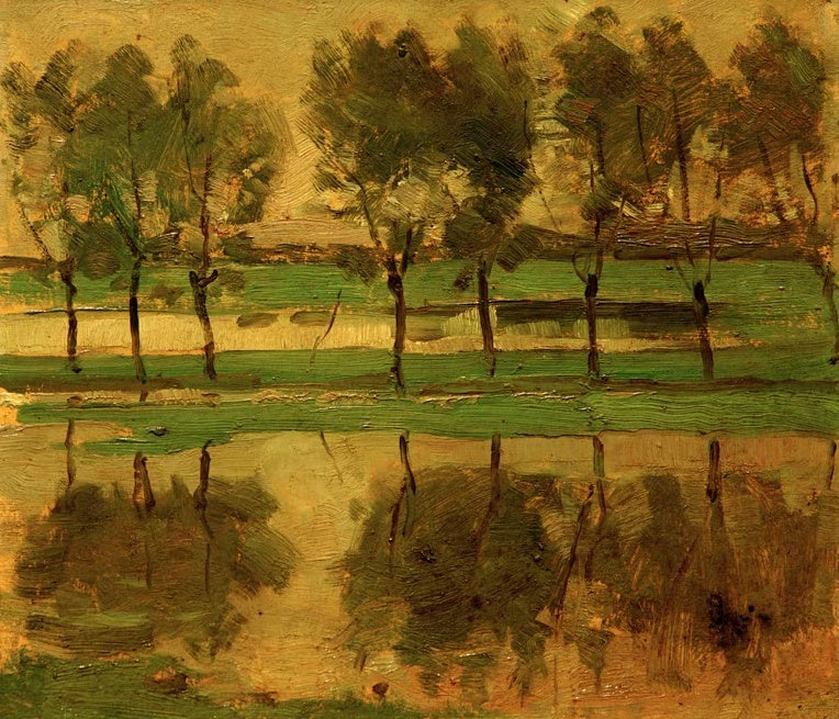 Piet Mondrian Weidenbäume mit Sonne Kunstkopie, Weiden am Ufer mit Spiegelungen im goldgelb leuchtenden Wasser