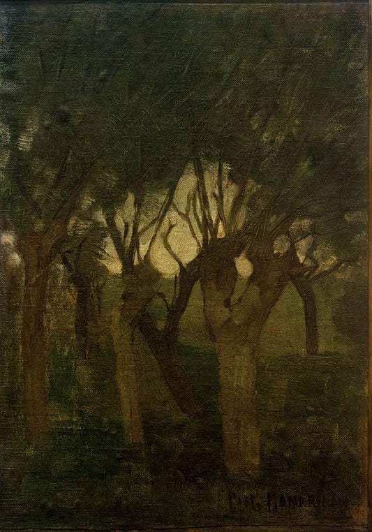 Piet Mondrian Weidengebüsch Kunstkopie, Kopfweiden in dunklem Grün mit hellem Lichtschein zwischen den Ästen