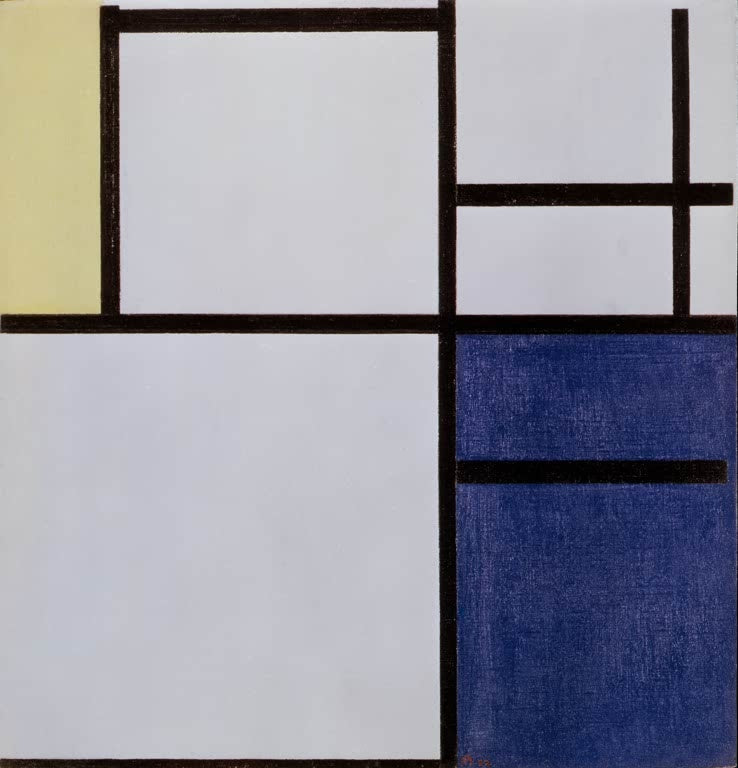 Piet Mondrian Weiß, Grau, Gelb, Blau Kunstkopie, blasses Gelb links oben, große graue Flächen und tiefes Blau unten rechts
