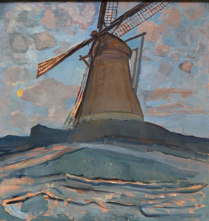 Piet Mondrian Windmühle Kunstkopie, braune Mühle mit Flügeln vor blauem Wolkenhimmel und gelbem Mond über bewegtem Wasser