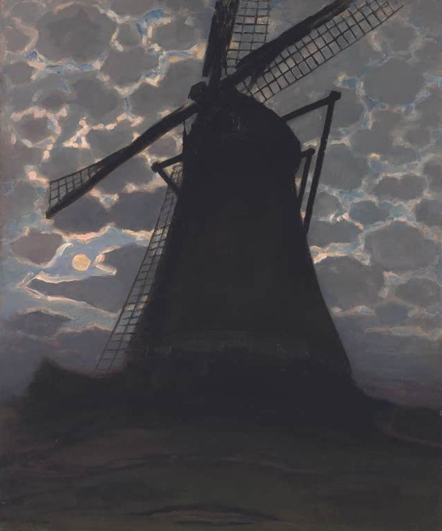Piet Mondrian Windmühle am Abend Kunstkopie, dunkle Silhouette einer Windmühle vor Wolkenhimmel mit kleinem Mond