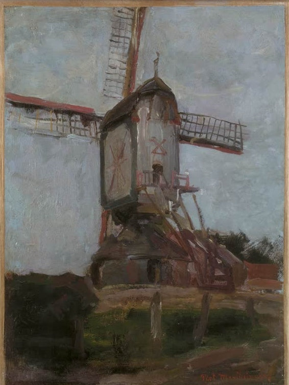 Piet Mondrian Windmühle in Heeswijk Kunstkopie, helle Windmühle mit Flügeln vor blaugrauem Himmel über grüner Wiese
