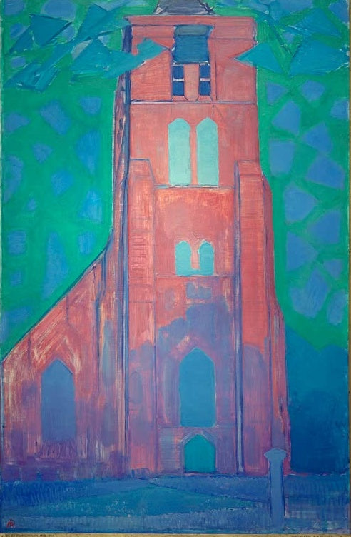 Piet Mondrian Zeeländischer Kirchturm Kunstkopie, roter Turm der Kirche von Domburg vor grünem Grund mit blauen Flächen