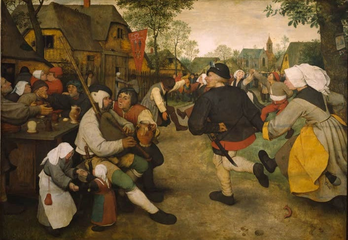 Tanzende Bauern vor Dorfhäusern, Dudelsackspieler sitzt links – Pieter Bruegel der Ältere Bauerntanz Kunstkopie