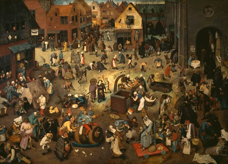 Belebter Dorfplatz mit Tonne und Wagen – Pieter Bruegel der Ältere Der Kampf zwischen Karneval und Fasten Kunstkopie