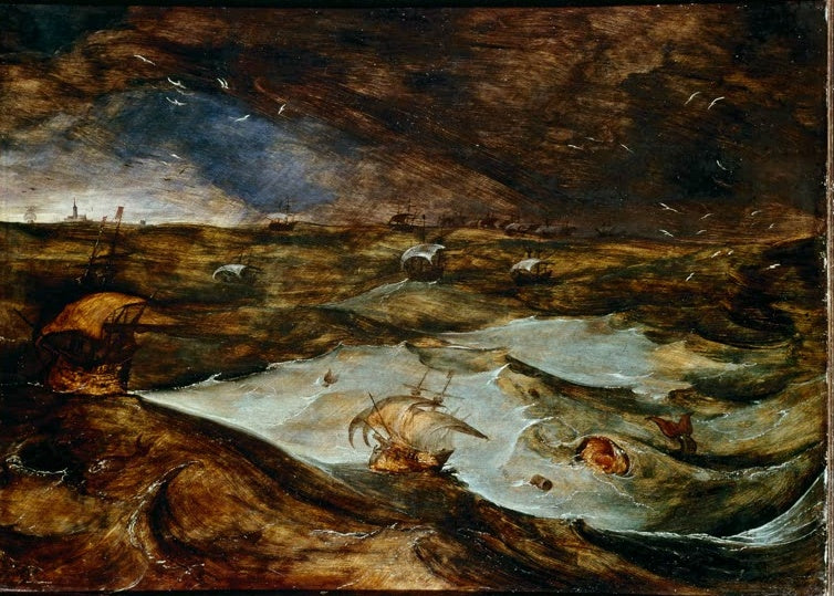 Segelschiffe auf stürmischer See mit hohen Wellen – Pieter Bruegel der Ältere Der Seesturm Kunstkopie
