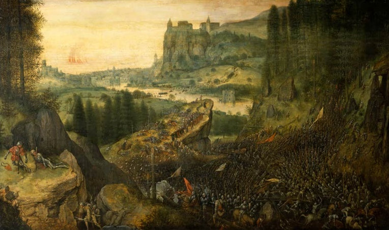 Heer am Berghang, links Saul am Schwert, Burg im Tal – Pieter Bruegel der Ältere Der Selbstmord Sauls Kunstkopie