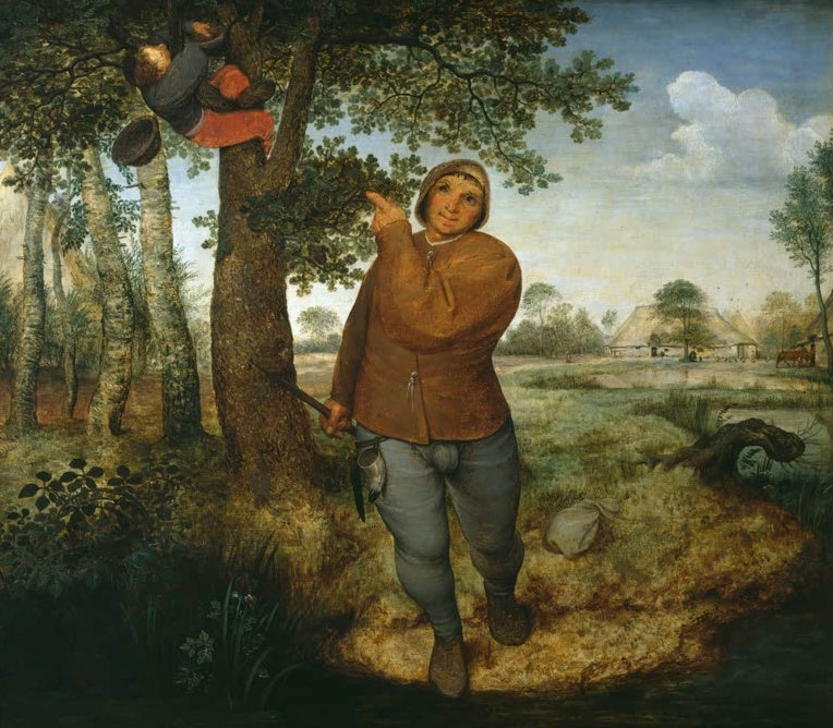Bauer zeigt auf einen Baum, in dessen Ästen ein Junge hängt – Pieter Bruegel der Ältere Der Vogeldieb Kunstkopie