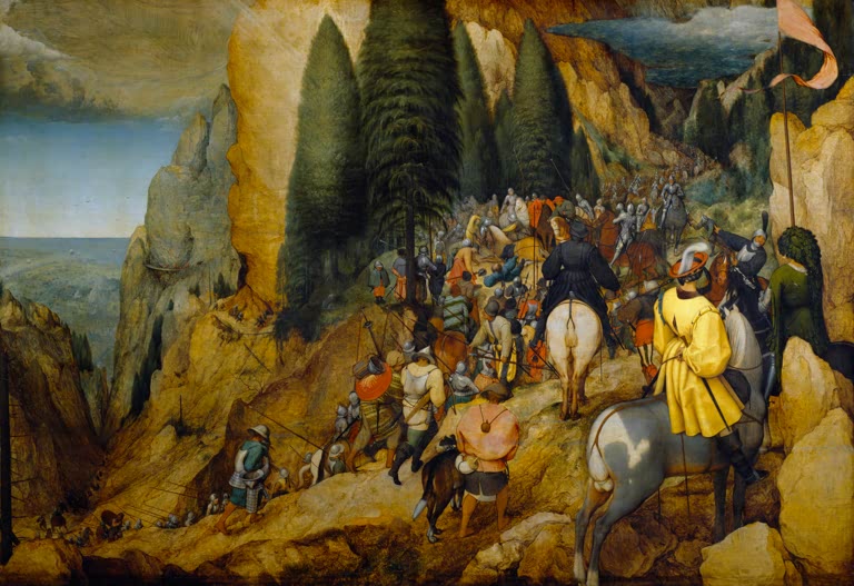 Reiterzug in felsiger Berglandschaft – Pieter Bruegel der Ältere Die Bekehrung Pauli Kunstkopie