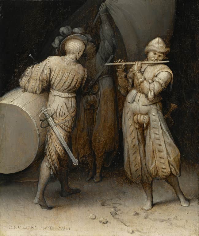 Zwei Soldaten mit Trommel und Flöte vor dunklem Grund – Pieter Bruegel der Ältere Die drei Soldaten Kunstkopie