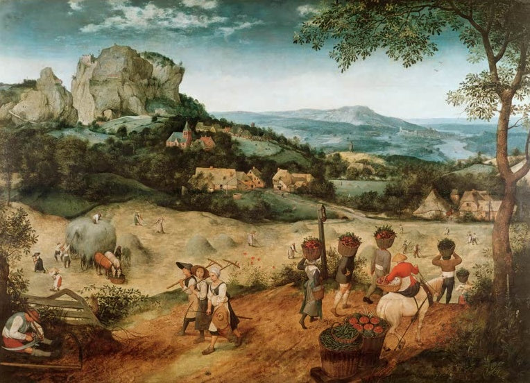 Heuernte unter Felsen, Frauen mit Körben und Reiter auf weißem Pferd – Pieter Bruegel der Ältere Die Heuernte Kunstkopie