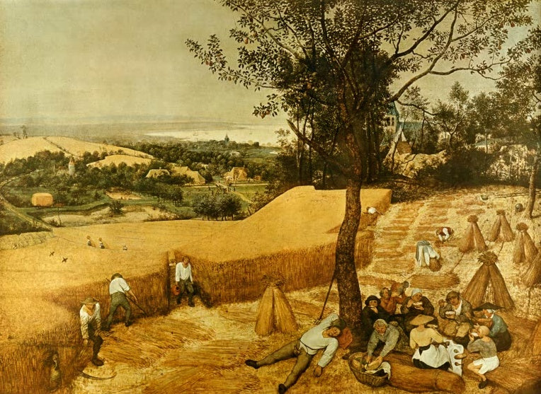 Kornernte mit Schnittern, Rastende unter dem Baum, Hügel dahinter – Pieter Bruegel der Ältere Die Kornernte Kunstkopie