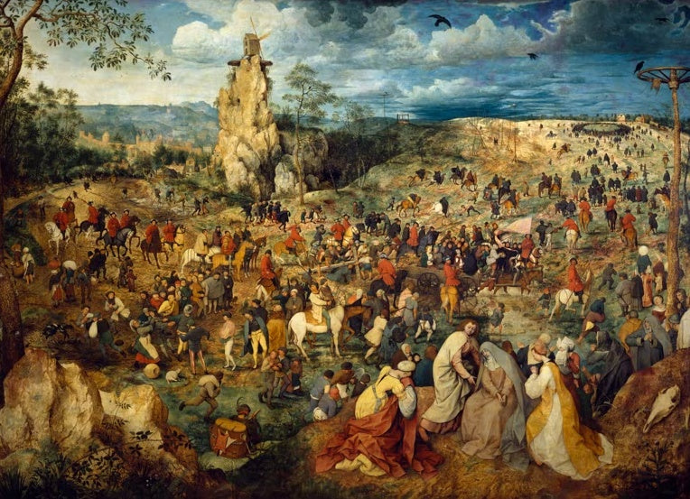 Menschenmenge zieht zum Hügel, vorn Christus mit Kreuz – Pieter Bruegel der Ältere Die Kreuztragung Christi Kunstkopie