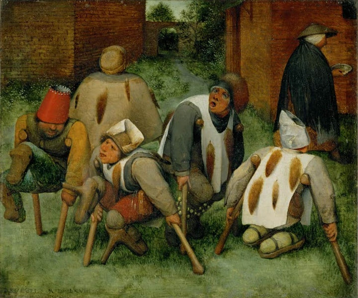 Fünf Krüppel auf Krücken im Hof, rechts eine Gestalt im Mantel – Pieter Bruegel der Ältere Die Krüppel Kunstkopie