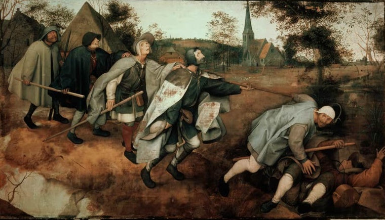Sechs Blinde stürzen nacheinander, Kirche im Hintergrund – Pieter Bruegel der Ältere Die Parabel von den Blinden Kunstkopie