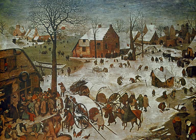 Verschneites Dorf mit Fuhrwerken – Pieter Bruegel der Ältere Flandrische Winterlandschaft Kunstkopie