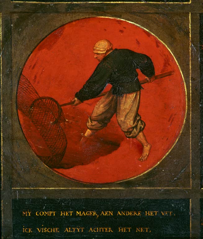 Fischer mit großem Netz auf rotem Grund, Spruchtafel darunter – Pieter Bruegel der Ältere Hinter dem Netz fischen Kunstkopie