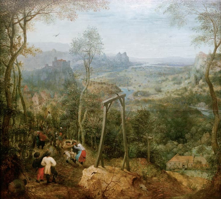 Galgen über weitem Flusstal, Tänzer links – Pieter Bruegel der Ältere Landschaft mit der Elster auf dem Galgen Kunstkopie