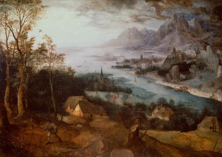Sämann am Hang über breitem Flusstal – Pieter Bruegel der Ältere Landschaft mit der Parabel vom Sämann Kunstkopie