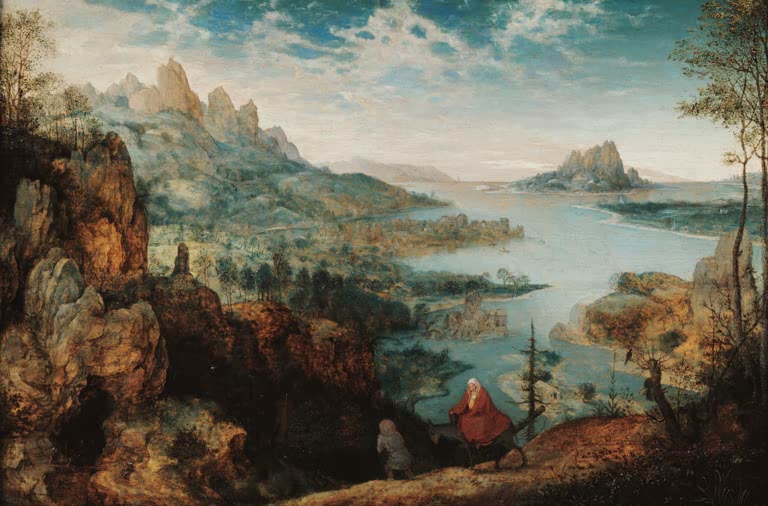 Maria mit Kind auf dem Esel vor Flusstal – Pieter Bruegel der Ältere Landschaft mit Flucht nach Ägypten Kunstkopie