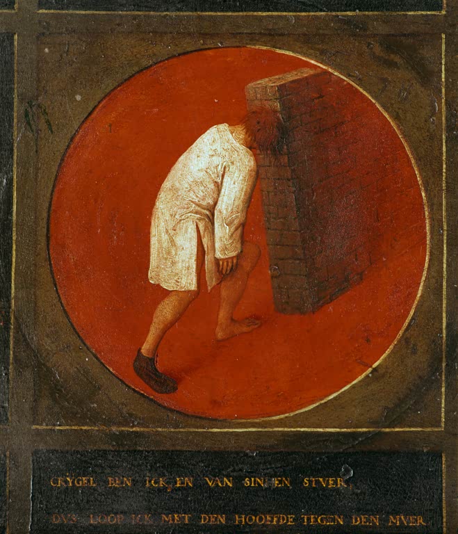 Mann im weißen Hemd rennt gegen eine Mauer – Pieter Bruegel der Ältere Mit dem Kopf durch die Wand Kunstkopie