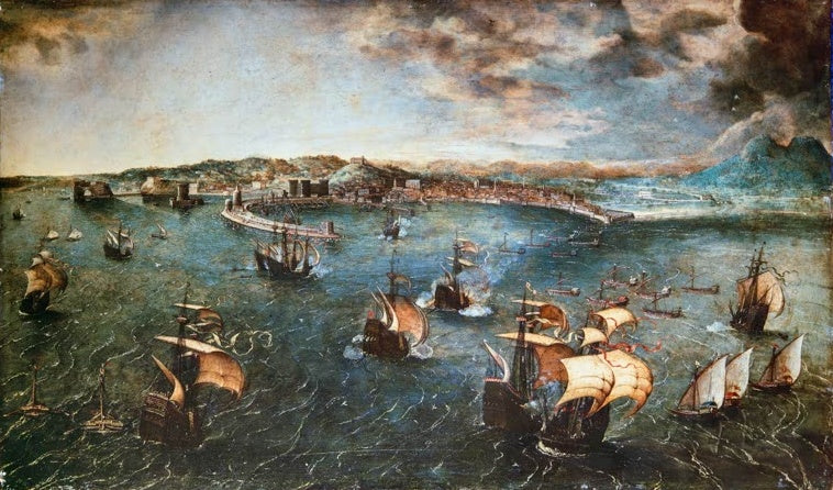 Kriegsschiffe vor Neapel, Vulkan rechts – Pieter Bruegel der Ältere Seeschlacht im Golf von Neapel Kunstkopie