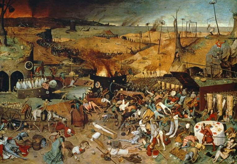 Tod und Skelette über Schlachtfeld, Feuer am Horizont, Tafel rechts – Pieter Bruegel der Ältere Triumph des Todes Kunstkopie