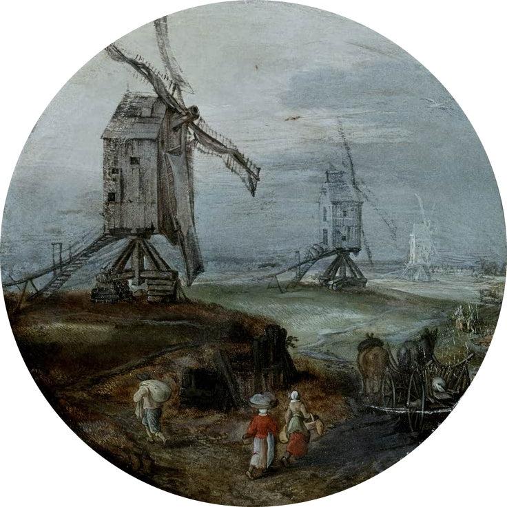 Rundbild mit Windmühlen und Bäuerinnen auf dem Feld – Pieter Bruegel der Ältere Windmühle Kunstkopie