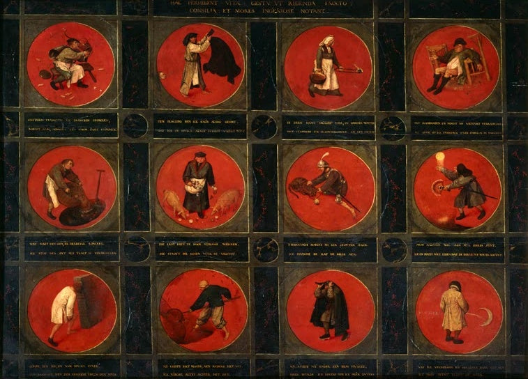 Zwölf Bildfelder mit roten Rundbildern und Sprichwörtern – Pieter Bruegel der Ältere Zwölf flämische Sprichwörter Kunstkopie