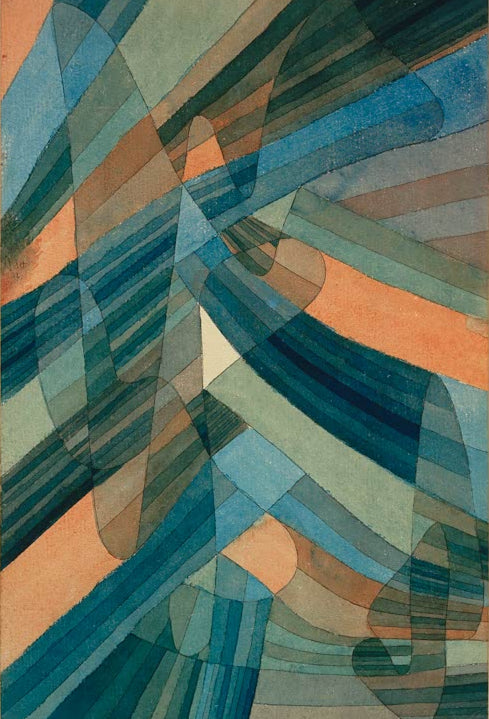 Kunstdruck „polyphone Strömungen“ von Paul Klee mit abstrakter Komposition aus rhythmischen Linien, Formen und Farbflächen

