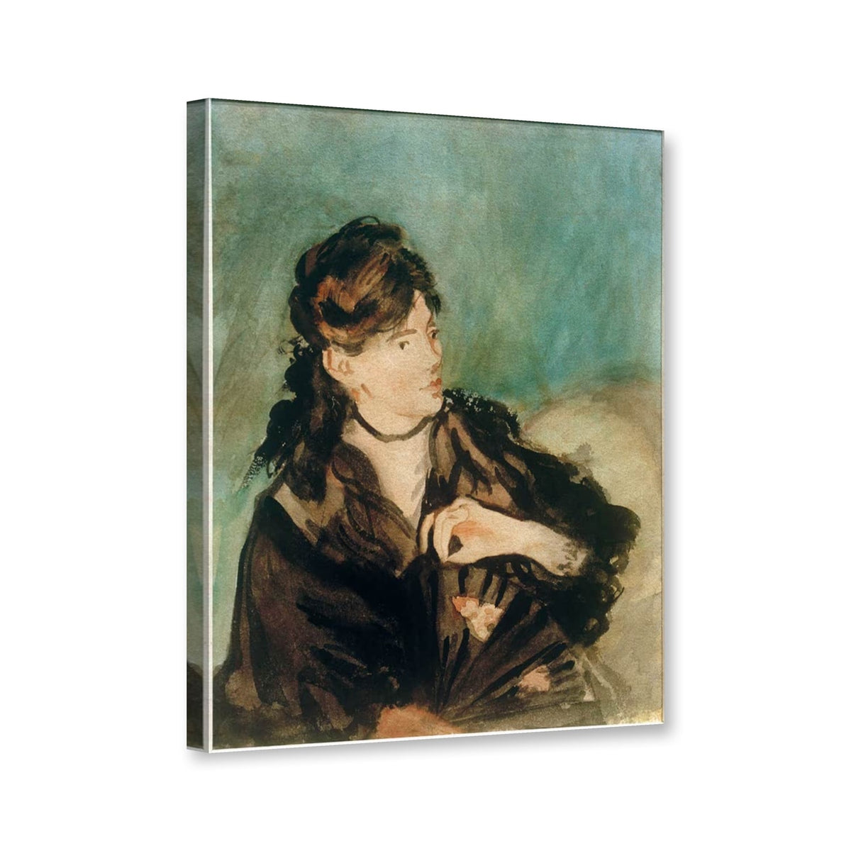 Porträt Berthe Morisot mit Fächer, Chicago 1874 von Édouard Manet als Leinwand – Perspektivansicht