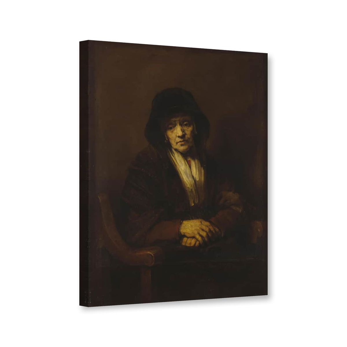 Porträt einer alten Frau von Rembrandt van Rijn als Leinwand – Perspektivansicht