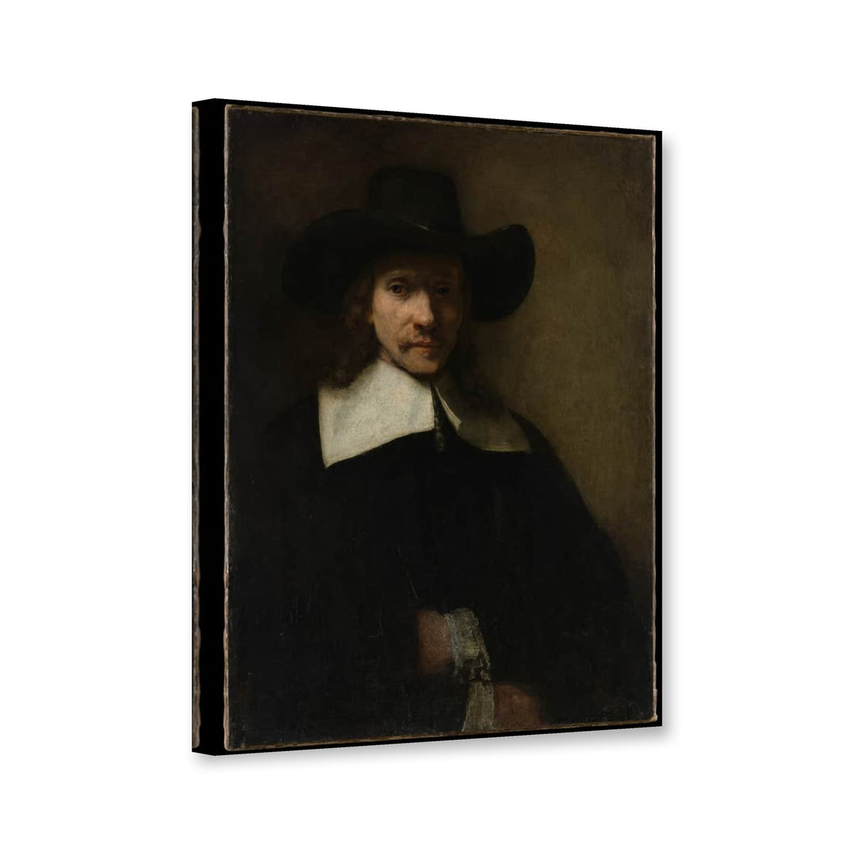 Porträt eines Mannes von Rembrandt van Rijn als Leinwand – Perspektivansicht