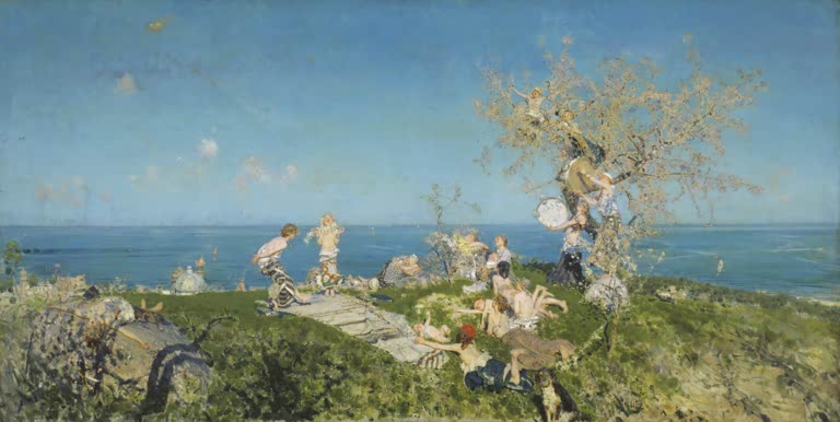 Kunstdruck von „Frühling und Liebe“ von Francesco Paolo Michetti mit jungen Figuren, blühender Natur und romantischer Frühlingsstimmung