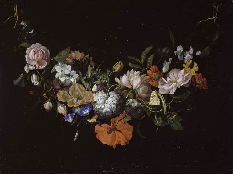 Rachel Ruysch Blumengirlande Kunstkopie, Bogen aus Rosen, Winden und Schmetterlingen vor schwarzem Grund