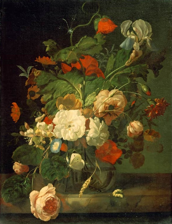 Rachel Ruysch Blumenstrauß in einer Glasvase Kunstkopie, Mohn, Iris, Rosen und Kohlweißling auf einer Steinplatte